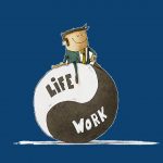 Animated man sitting on work life ball