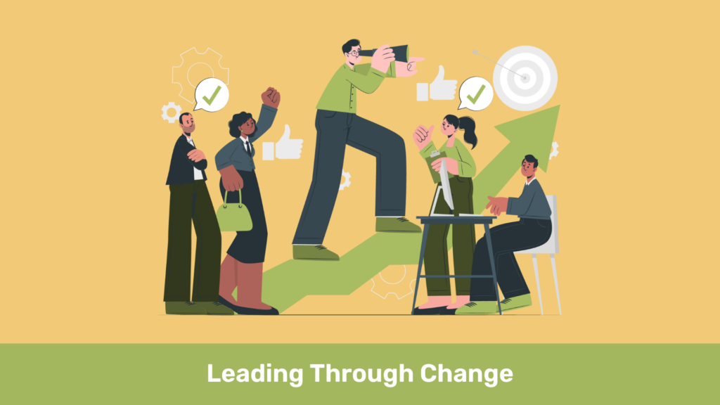 People discussing, standing on upward arrow, business context. "Leading Through Change."