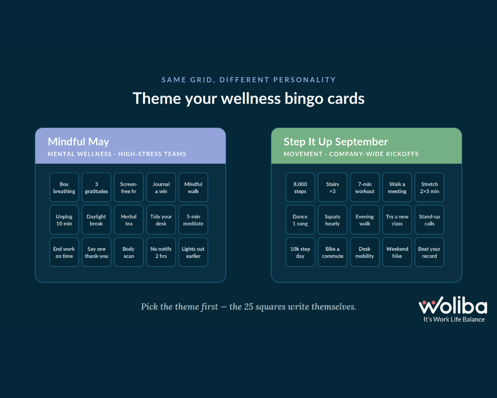 Two themed wellness bingo card ideas — mental wellness and step challenge
