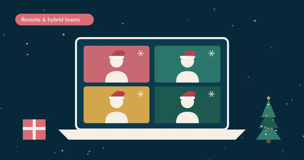 Remote team on a festive video call with Christmas virtual backgrounds