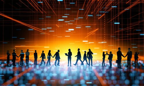 Silhouettes of professionals connected by digital data streams, representing real-time culture data and behavioral insights in the workplace