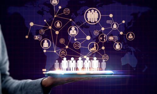 Illustration of a connected people operations system, showing employees linked through digital networks to represent a unified approach to rewards, culture, and wellbeing.